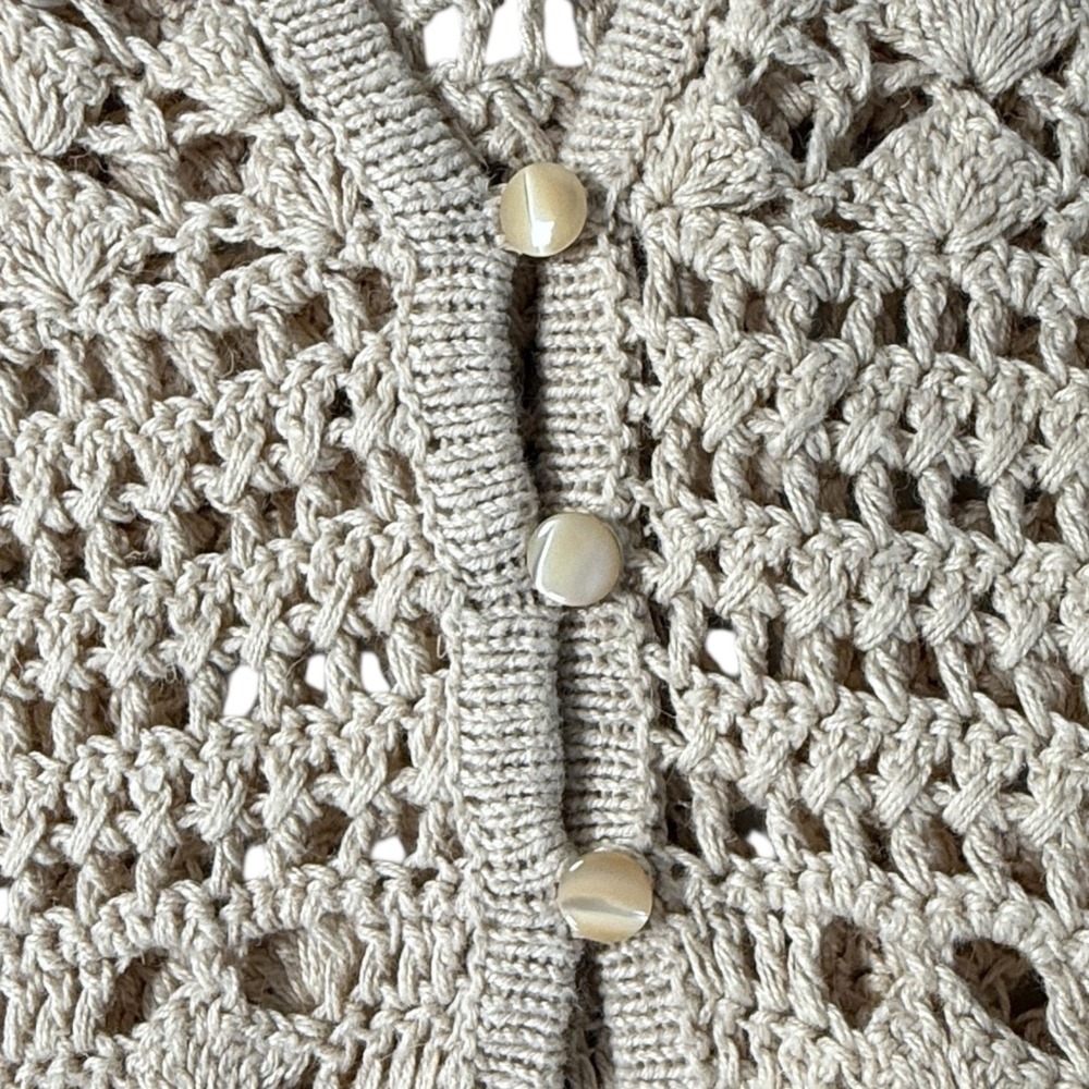 Eddie Bauer Women Beige Hand Crocheted Linen Cotton Cardigan Sweater Size L Boho - Picture 5 of 9